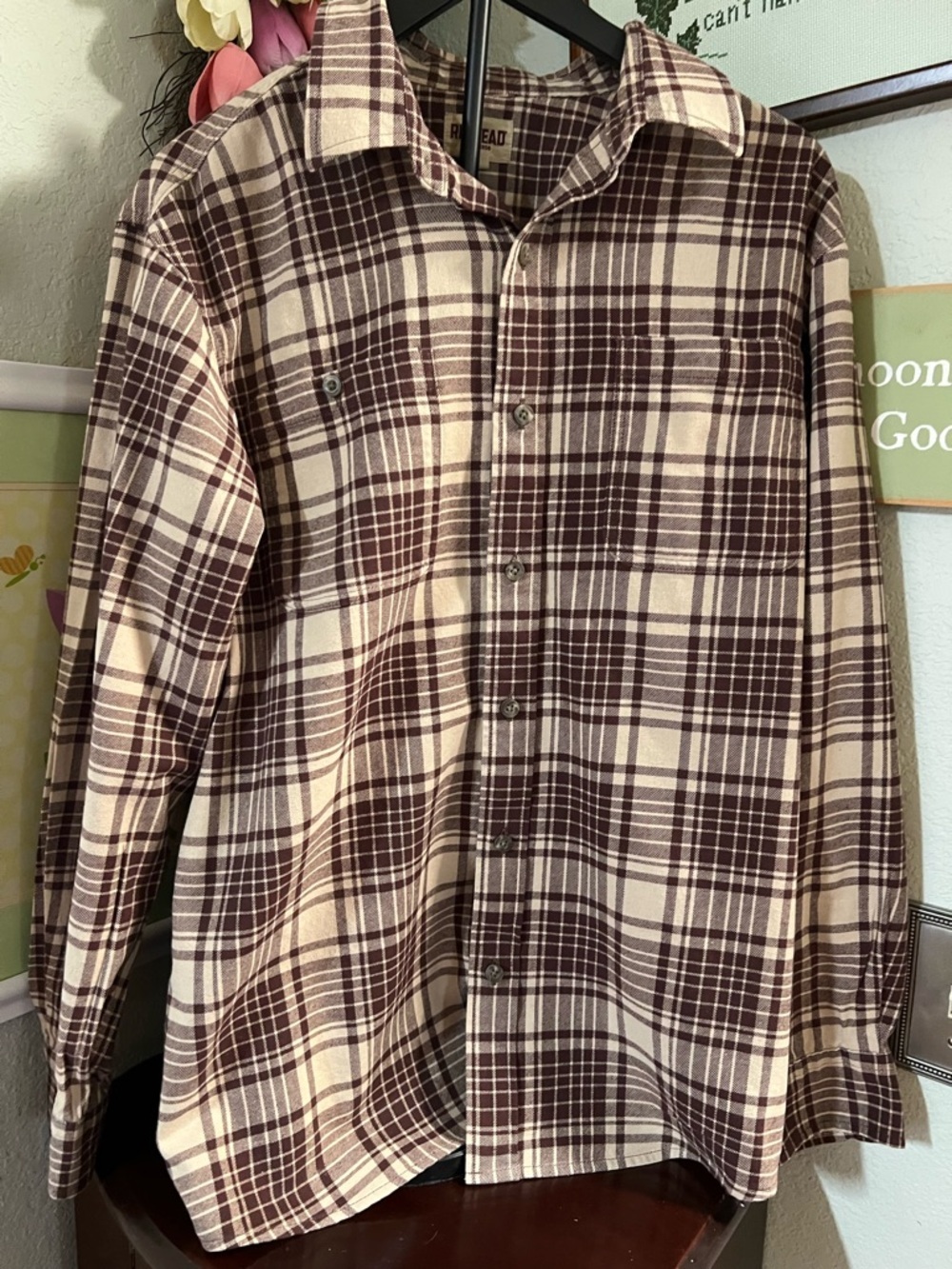 NWOT RedHead Men's Brown and Cream Plaid Button-Down Shirt SizeLarge #172